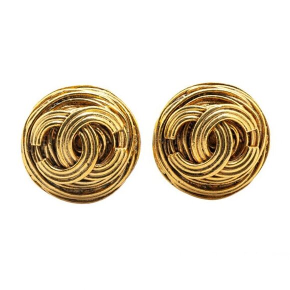 CHANEL CC Logos Round Vintage Clip-On Earrings Gold Tone 94A Auth #2599 - Picture 1 of 3